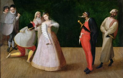 De Compagnia dei Comici Gelosi met Isabella Andreini (1562-1604) afgebeeld tijdens een optreden in Parijs door Hieronymus Francken